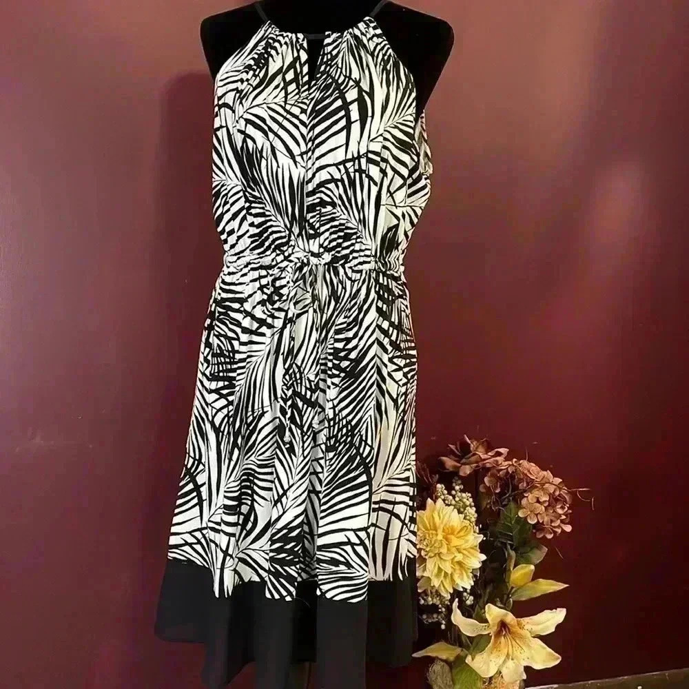 Peter Som Black & White Palms Sleeveless Dress